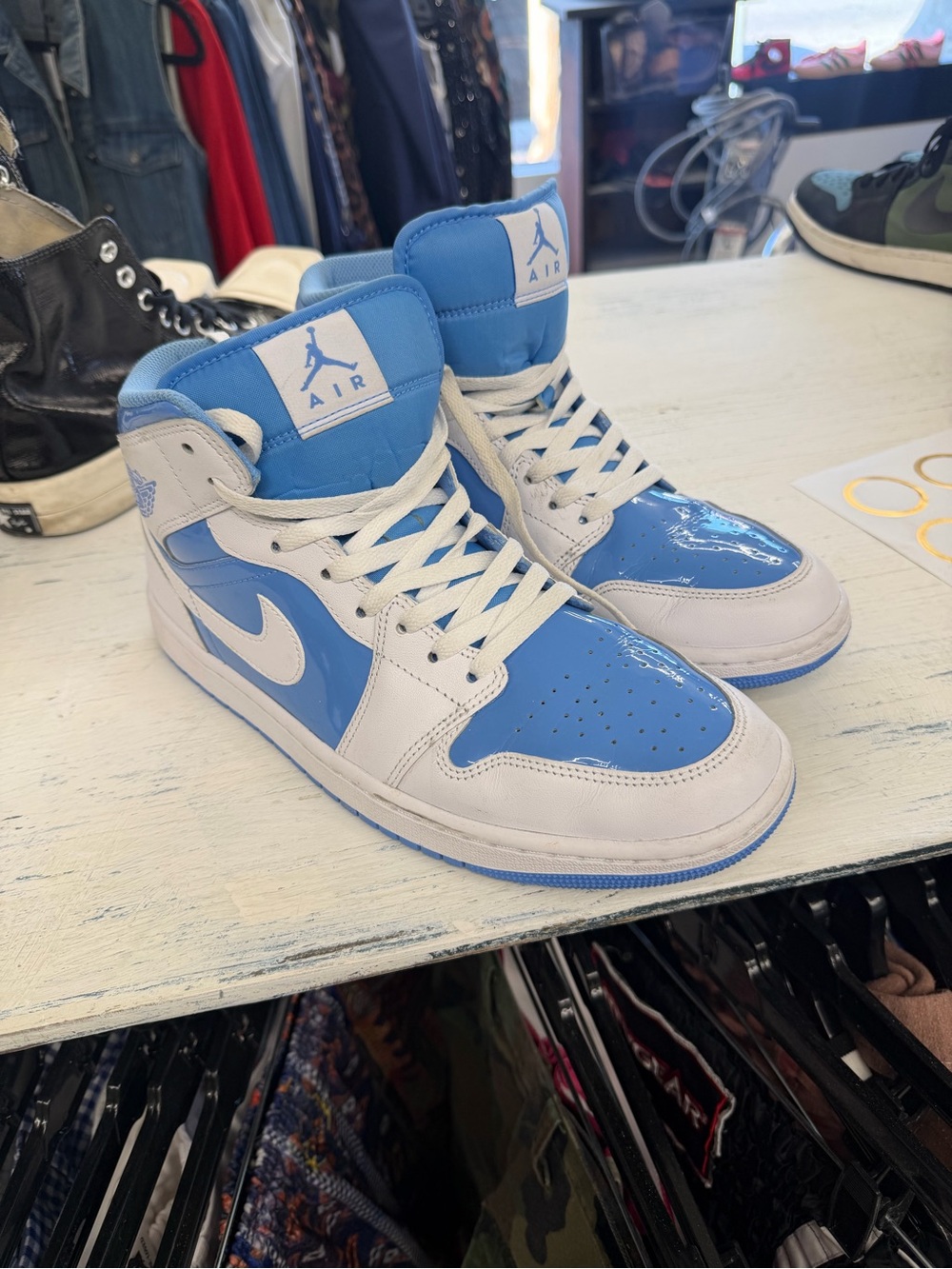 Air Jordan 1 Mid “University Blue” (white/light blue patent leather). Sz 10